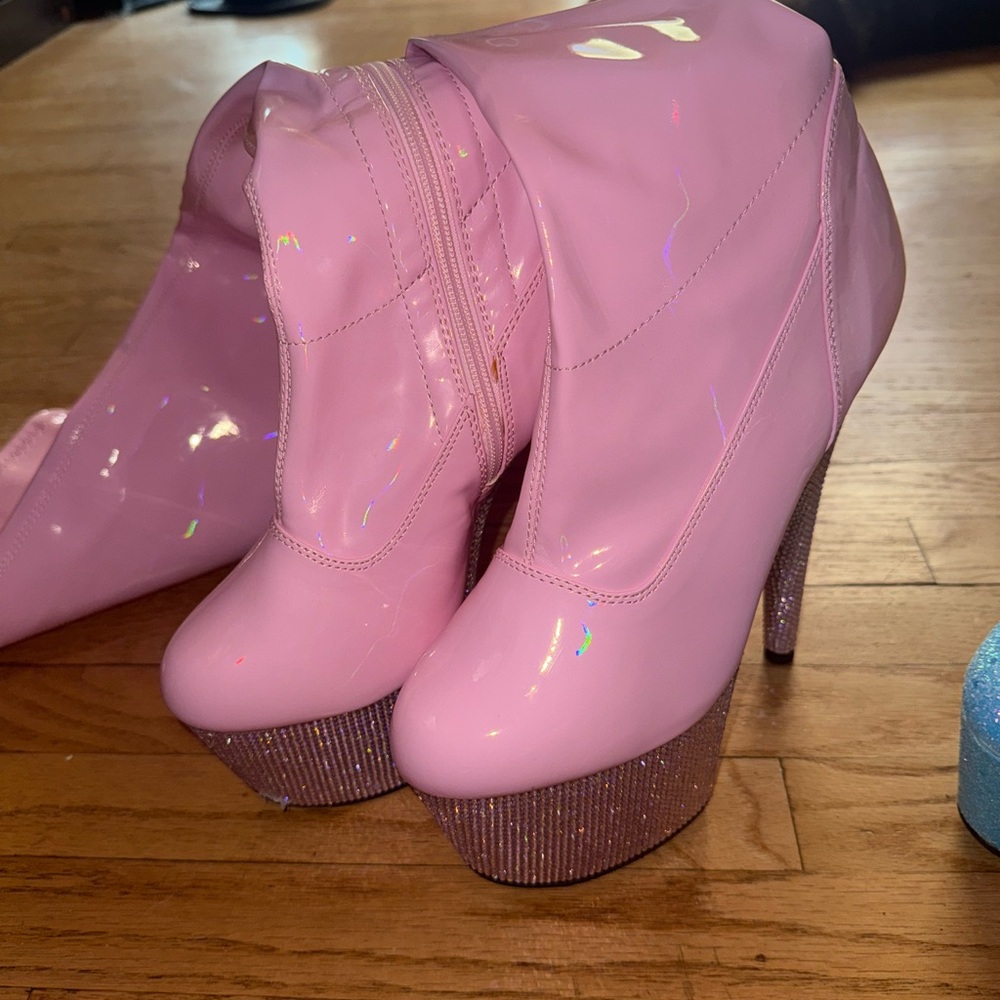 Pink Over the Knee Closed Toe Pleaser Boots with Diamond Platform ✨